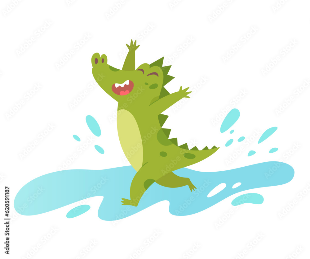Fototapeta premium Cute crocodile running through water of summer rain puddles, crazy alligator jumping