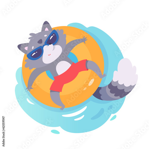 Funny raccoon in trunks, sunglasses floating on inflatable ring on beach pool party