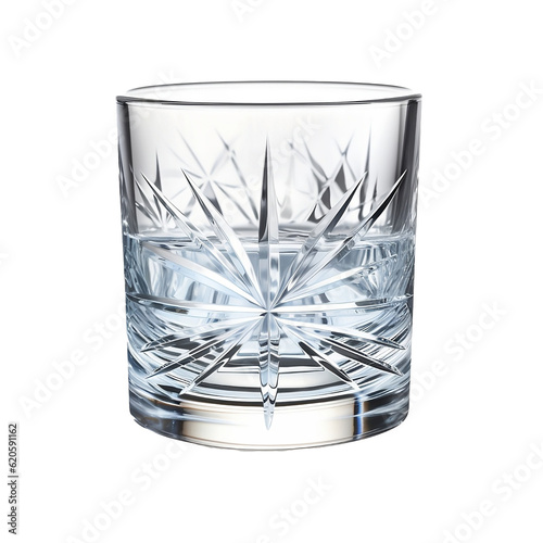 Cut glass with clear liquid isolated transparent background