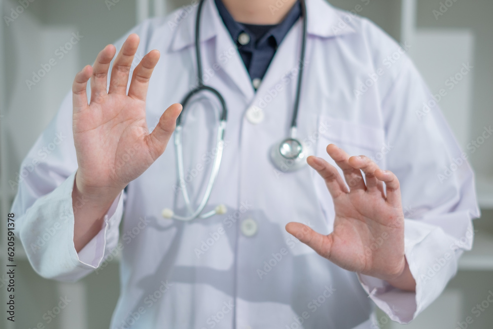 Doctor's empty hand is giving, receiving or offering. Concept of hospital charity advertisement, marketing or commercial. Concept of organ donation. Doctor uniform background or wallpaper. Doctor's empty hand is giving, receiving or offering. Concept of hospital charity advertisement, marketing or commercial. Concept of organ donation. Doctor uniform background or wallpaper.