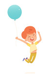 Little boy jumping with balloon vector illustration. Cartoon isolated funny child holding rope of blue balloon to jump and fly, cute small cheerful toddler flying in summer air with smile