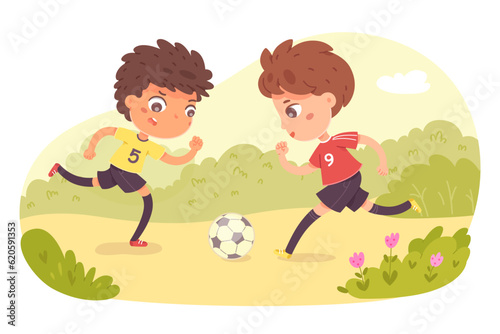 Kids play soccer outdoors, playground or summer green field scene with cute active boys