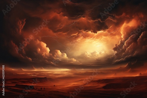 A breathtaking sunset over a vast desert landscape. AI