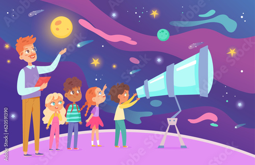 School excursion of kids in planetarium, happy children watching universe in telescope