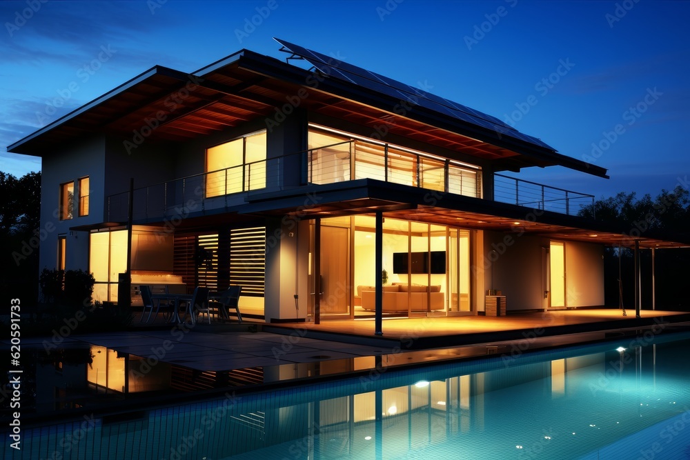 Illustration of a modern house with a beautifully lit pool at night, created using generative AI