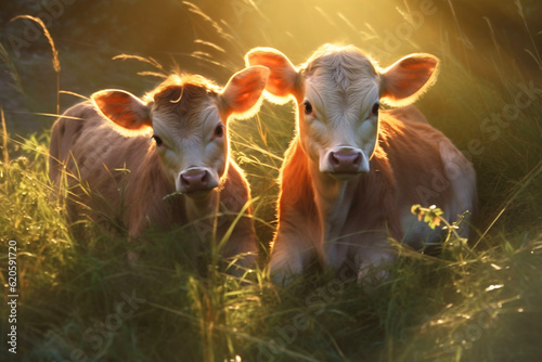 Two calves lying in the grass backlit by the sun, generative ai