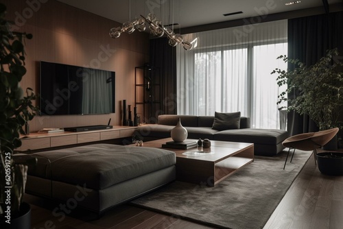 A modern living area with clean lines and sleek furniture. Generative AI
