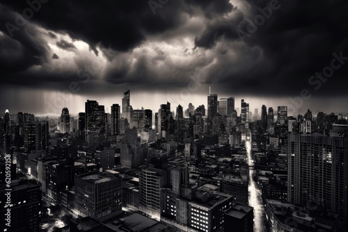 Illustration of a cityscape at night in black and white  created using generative AI