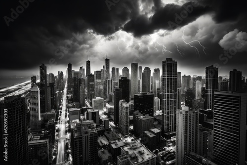 Illustration of a storm brewing over a city in a black and white photo  created using generative AI