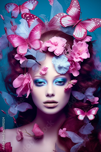 Woman with blue eyes and pink butterflies on her head  with blue background. Generative AI.