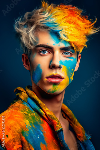 Man with yellow hair and blue and orange paint on his face and chest. Generative AI.