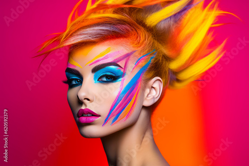 Woman with colorful hair and makeup is posing for photo with bright colors on her face. Generative AI.