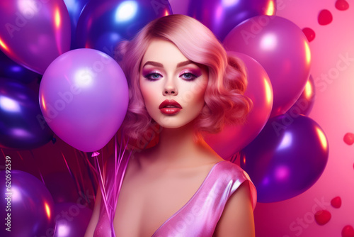 Woman in pink dress holding bunch of purple and pink balloons. Generative AI. © valentyn640