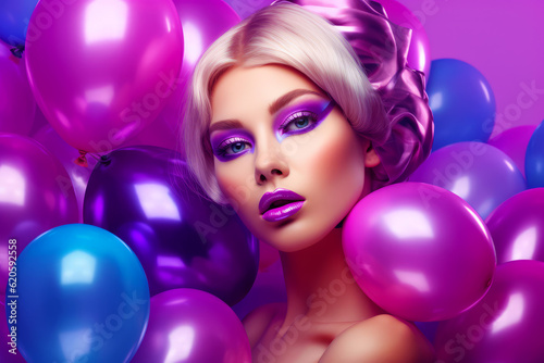 Woman with purple and blue makeup and purple and blue balloons in the background. Generative AI.