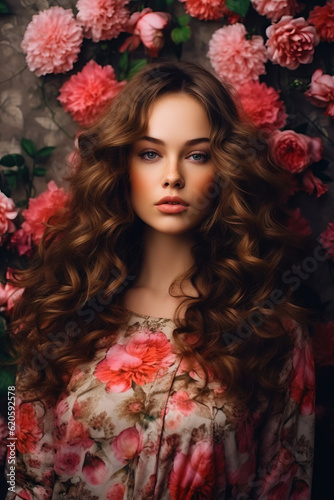 Woman with long brown hair standing in front of bunch of pink flowers. Generative AI.