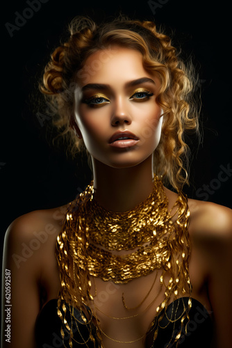 Woman wearing gold necklace and necklace with chain around her neck. Generative AI.