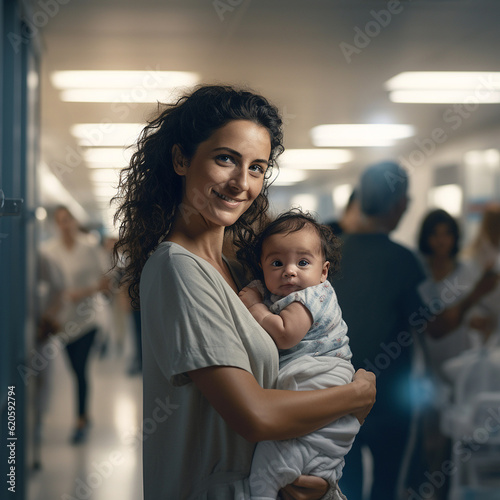 Portrait of a smiley young Hispanic woman with a baby in a hospital corridor.