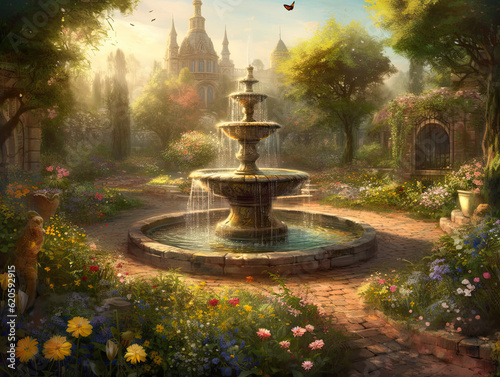 Enchanting Medieval Garden with Water Fountain