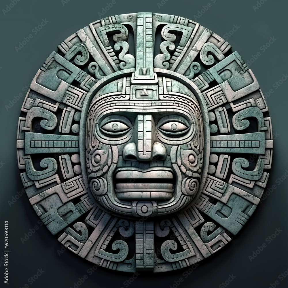Intricately carved Mayan mask, which would have been used as a death mask, worn for important events or worn in battle. Digital illustration.