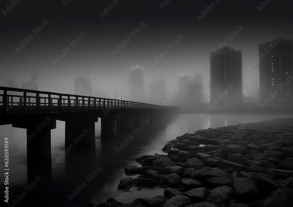 Minimalistic scene in black and white tones in misty weather. Generative AI illustrations