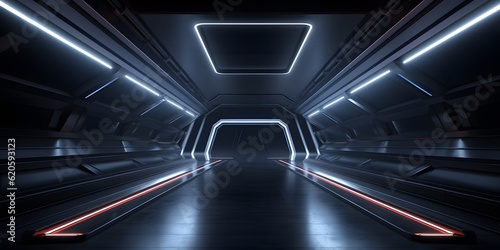 Dark Futuristic Modern Garage Showroom Tunnel Corridor. Entrance 3D Illustration © Jing