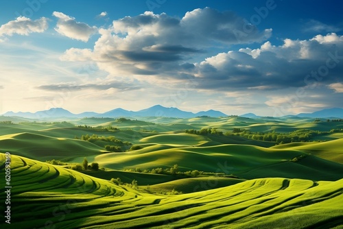 A peaceful landscape with green fields and majestic mountains in the background. AI