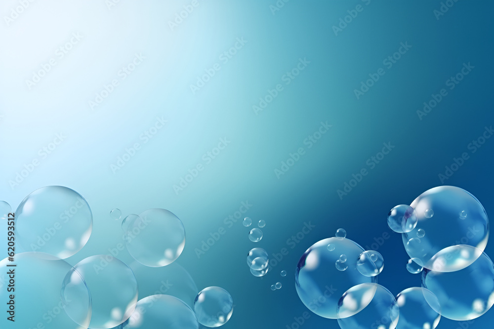 Abstract bubbles background. Realistic transparent soap bubbles on a light blue colored background. Beautiful blue soap bubbles floating background