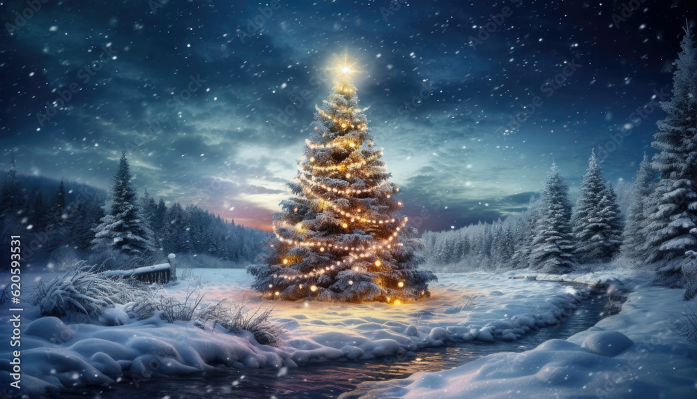 Beautiful Christmas tree in a winter landscape with snow. Generative AI illustrations
