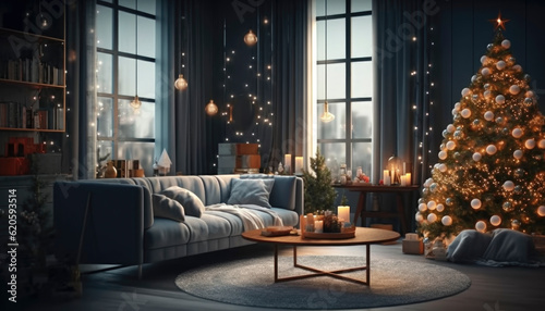 Christmas decorated living room with a beautifull Xmas tree and ornaments. Generative AI illustrations