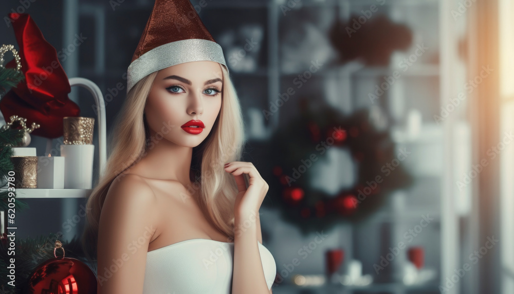 Merry Christmas. Beautiful Xmas woman dressed up for Christmas in the holidays. Generative AI illustrations
