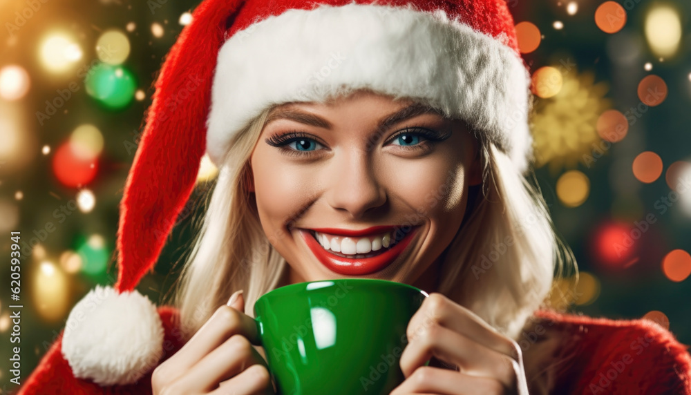 Merry Christmas. Beautiful Xmas woman dressed up for Christmas in the holidays. Generative AI illustrations Merry Christmas. Beautiful Xmas woman dressed up for Christmas in the holidays. Generative AI illustrations