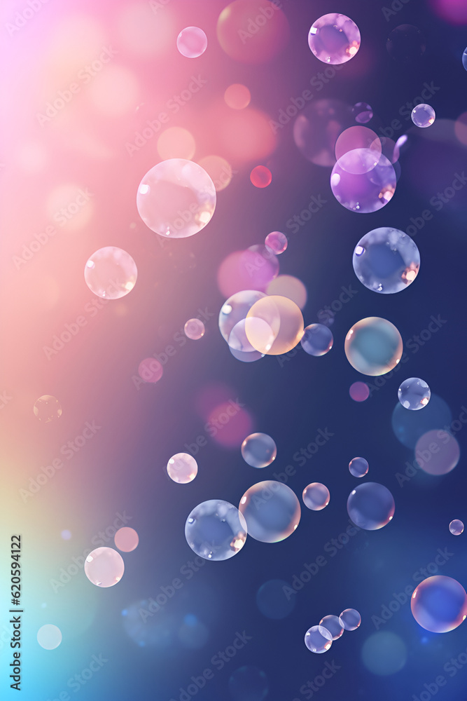 Abstract bubbles background. Realistic transparent colorful soap bubbles with rainbow reflection on a purple colored background. Beautiful pink soap bubbles floating background. Vertical image