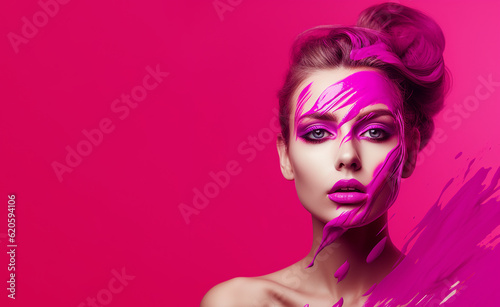 Young girl with art make-up in viva magenta color. Copy space. Generative AI