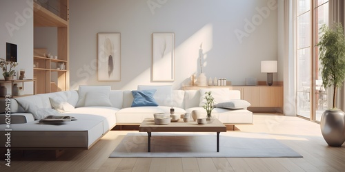 Minimalist interior design of modern living room. Created with generative AI