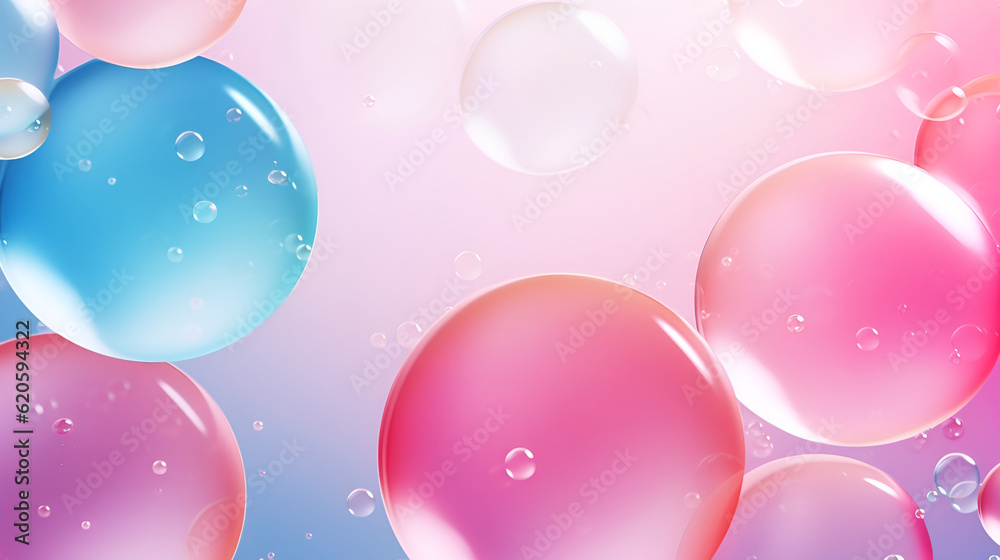 Abstract bubbles background. Realistic transparent soap bubbles on a light blue colored background. Beautiful purple and blue soap matte bubbles floating background