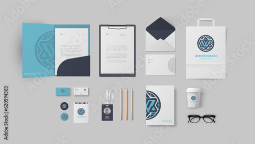 Blue circle logo and corporate identity template, branding design for modern company