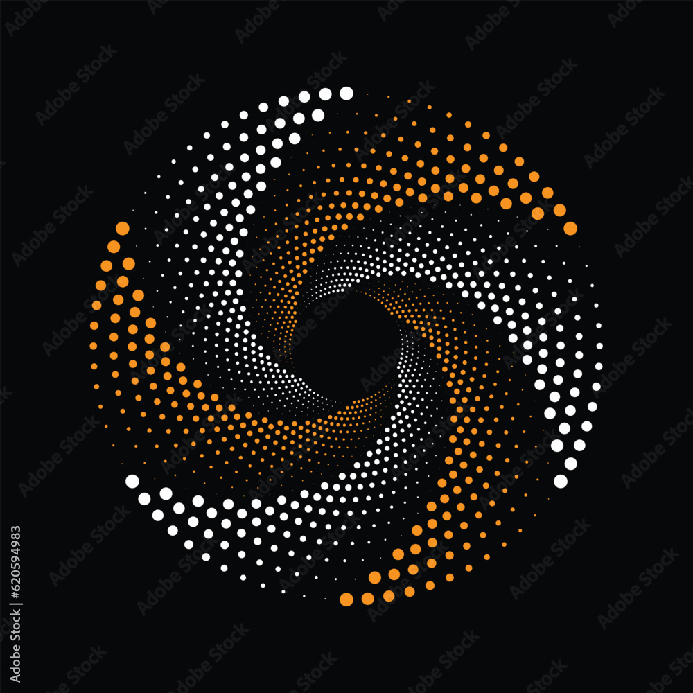 Abstract dotted spiral vortex with white and orange dots isolated on black background. Vector illustration