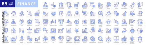 Finance icon set. With Concepts like Profit, Losses, Stock, Tax, Exchange, Budget, Funds, Earnings, Money and Revenue icons. Blue Colored Outline Icons Collection.