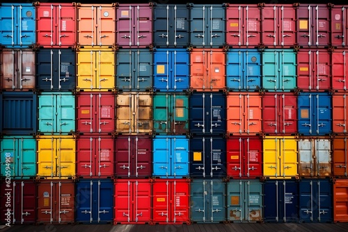 A large stack of multicolored shipping containers. AI