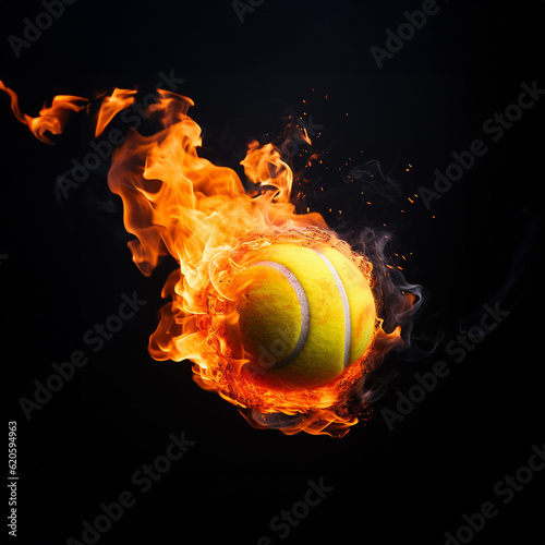 Fiery tennis Ball on Black Background, tennis ball on fire © Asman