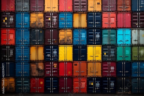 A large stack of multicolored shipping containers. AI