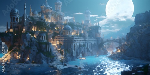 Ruins in ocean, Mediterranean Sea, fantasy world building, concept art, game design, dramatic, varied, strong colors © Jing