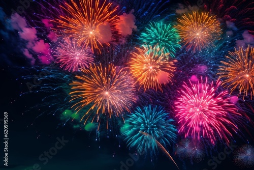 Illustration of Fireworks lighting up the night sky in a beautiful display of colors and patterns, created using generative AI