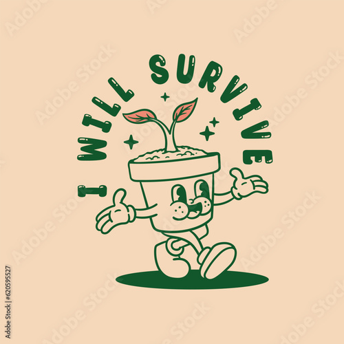 vintage style cartoon character plant pot illustration