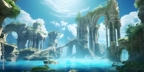 Ruins in ocean  Mediterranean Sea  fantasy world building  concept art  game design  dramatic  varied  strong colors