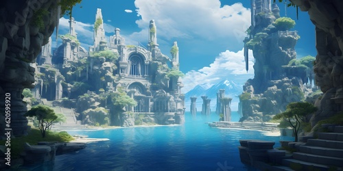 Ruins in ocean, Mediterranean Sea, fantasy world building, concept art, game design, dramatic, varied, strong colors © Jing