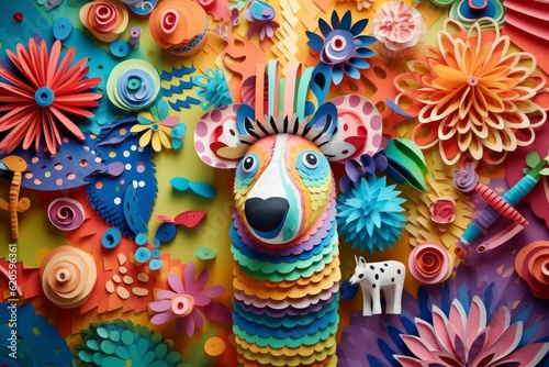 Illustration of a vibrant paper sculpture of a dog surrounded by a colorful bouquet of flowers, created using generative AI