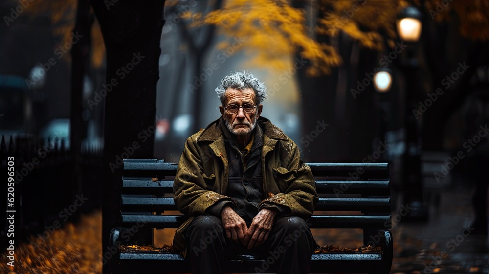 Elderly man sitting alone on a park bench, lost in thought.