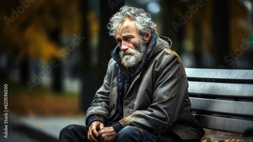 Elderly man sitting alone on a park bench, lost in thought. © MADMAT