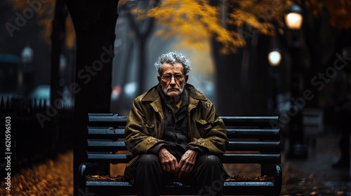 Elderly man sitting alone on a park bench, lost in thought.